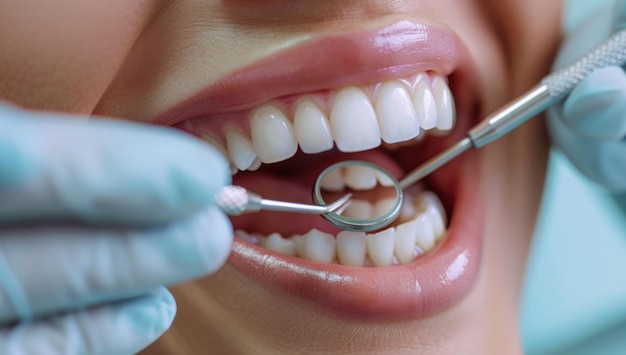 dental hygiene woman getting teeth cleaned at dentists office with toothbrush in hand for medical beauty treatment