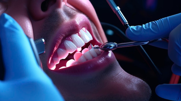 患者の歯をクリーニングする歯科衛生士