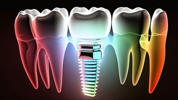 Dental implant in tooth row jaw colorful neon glowing dental prosthesis medicine implant operation