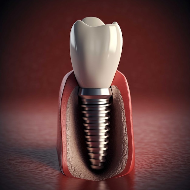 Зубный имплантат с зубом на красном фоне 3D-иллюстрация