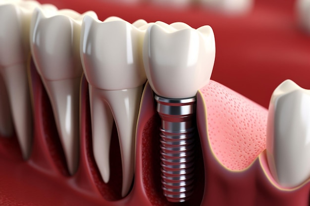 Dental implantation process mouth with teeth and one implant screw 3d illustration Close up of dental teeth implant Copy space