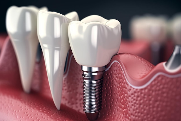 Dental implantation teeth with implant screw 3d illustratio