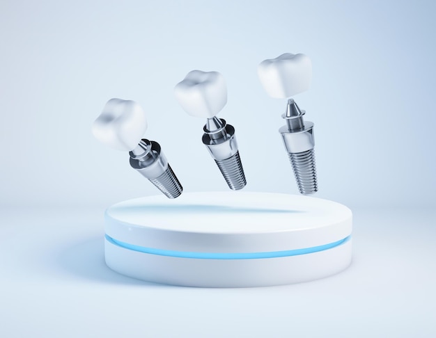 Dental implants on a podium 3d Rendering