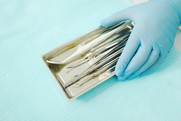 Dental instruments on a tray