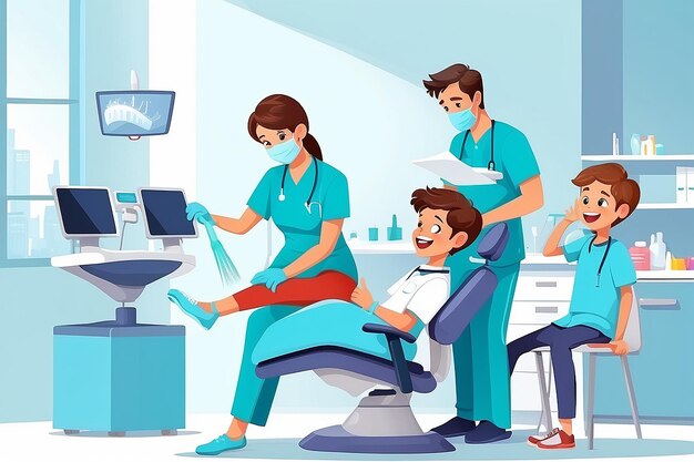 Photo dental office cleaning procedure vector illustration childrens dentist and his patient in a dentistry clinic male doctor checking teeth the boy sitting tooth healthcare doctors woman assistant
