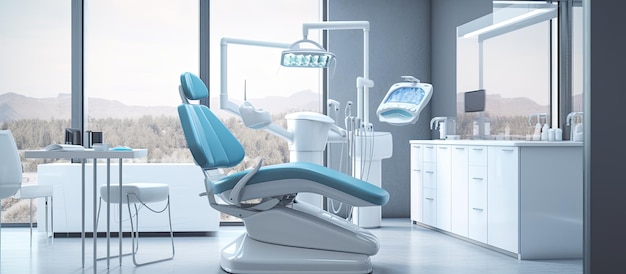 dental office with a dentist chair and equipment is shown with a blurred background and space for