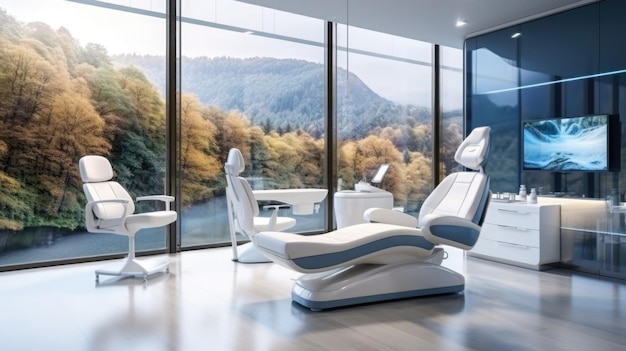 A dental office with a large window and chairs ai