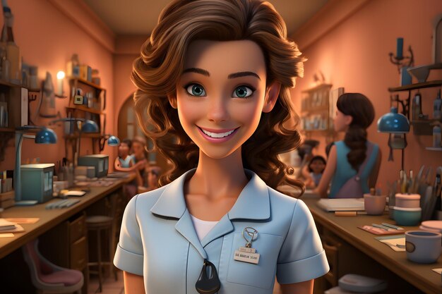 Photo dental pixar style render girl character illustration of all the world occupation