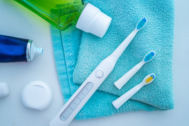 Photo dental products for brush teeth, healthy teeth care and oral hygiene and fresh breath