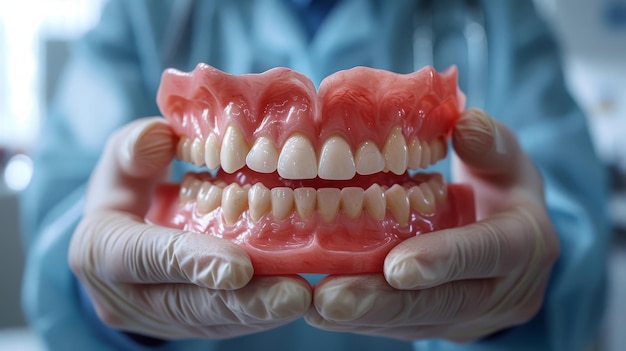 Photo dental prosthesis in the hands of the doctor closeup dentures conceptual photo prosthetic dentistry false teeth