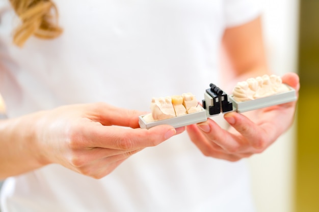 Dental technician checking denture