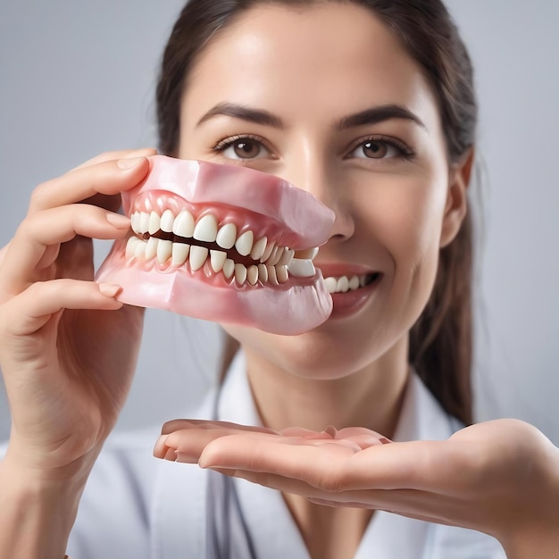 Dental technician holding a dental jaw model on a white background