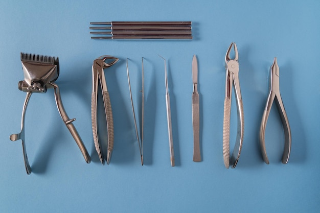 Dental tools on blue background top view