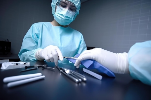 Стоматологические инструменты руки и женщина в стоматологии для осмотра или чистки, созданные с помощью генеративного ИИ