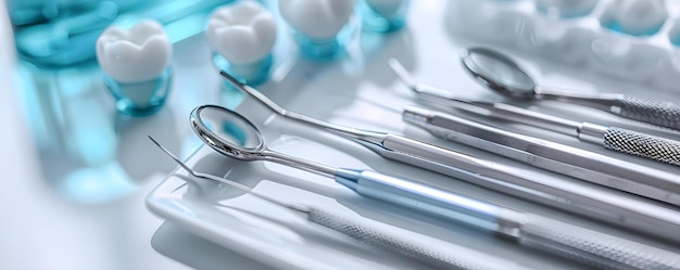 Dental tools neatly arranged on a clean white tray for oral health Concept Oral Hygiene Dental Tools Clean White Tray