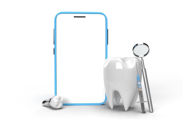 Dental Tooth with Blank Screen Mobile Mockup Pen Tool Created Clipping Path Included in JPEG Easy to Composite.