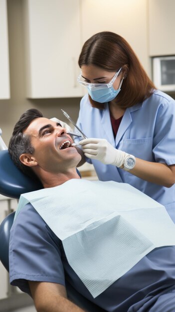 Photo a dentist as they work to treat tooth decay from a side