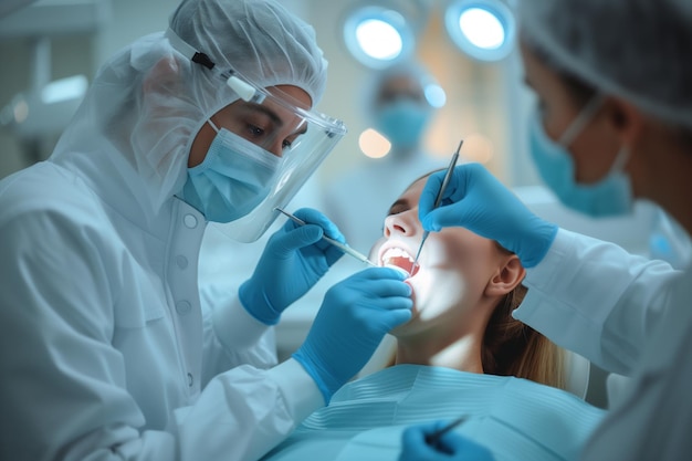 歯科医 と 助手 が 歯科 手術 を 行なっ て いる
