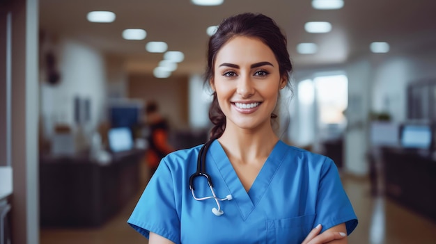 Dentist in blue uniform in his dental clinic