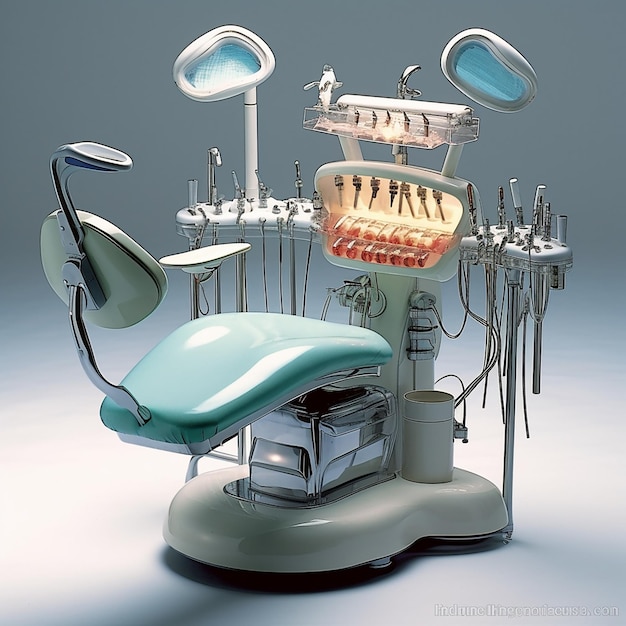 A dentist chair with a blue and white chair that says'dental chair'on it