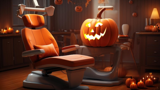 A dentist chair with a pumpkin carved into it ai