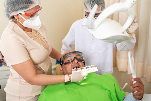 Dentist deciding on the level of tooth whitening treatment with\
patient