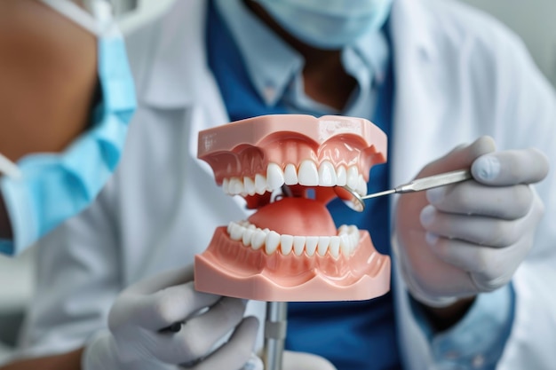 歯科医が学生に歯科治療と偽歯のブラッシングを示しています