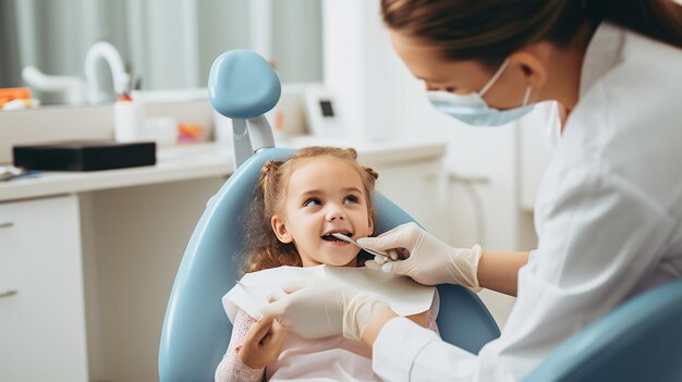 A dentist examines the teeth of a little girl in the clinicGenerative AI