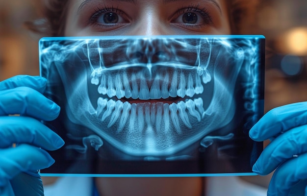 Foto un dentista esamina una radiografia dei suoi denti