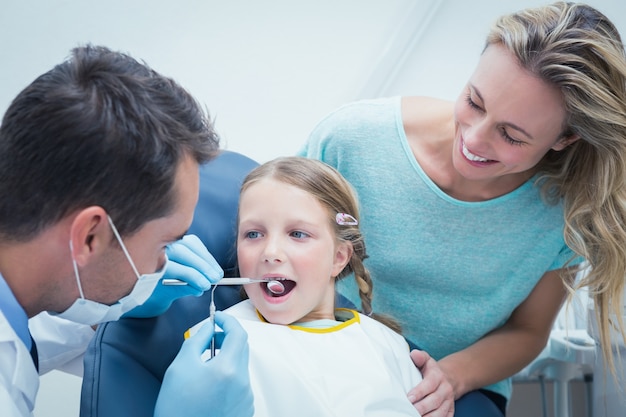 Dentist examining girls teeth with assistant