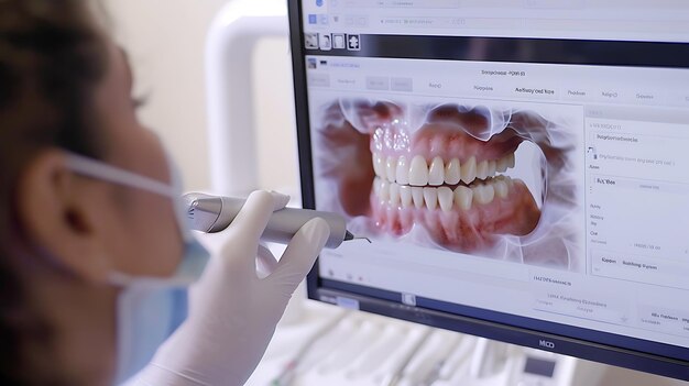 Photo dentist examining a patients teeth with a 3d scanner