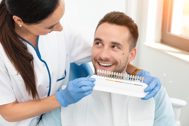 Dentista che esamina un paziente sorridente in clinica