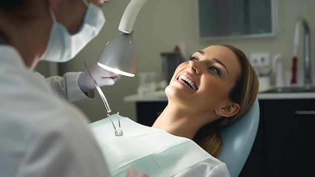 Стоматолог осматривает зубы с помощью медицинских инструментов Портрет женщины