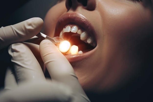 Dentist examining teeth of young woman in dental clinic Dentistry concept A dentist removing a bad tooth from a patient mouth AI Generated