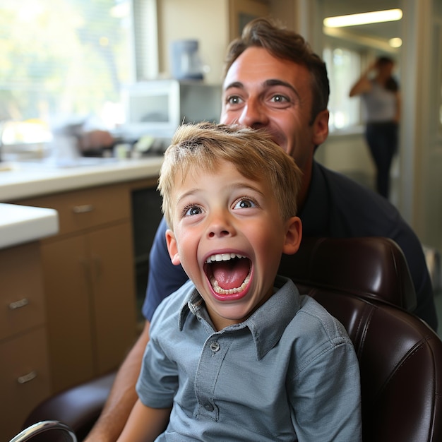 Dentist examining a young boys teeth