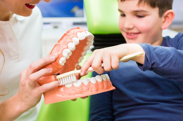 Dentist explaining boy cleaning tooth