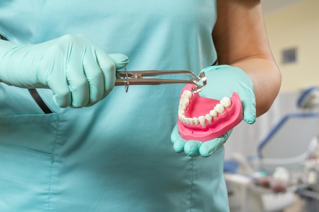 Dentist in gloves with dental dam clips pliers