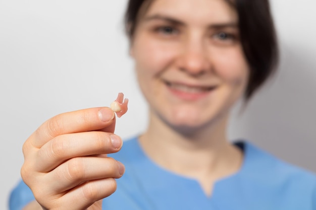 Dentista che tiene il dente falso artificiale in ceramica