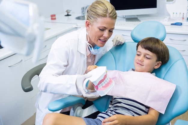 Dentist holding dental mould while talking with boy