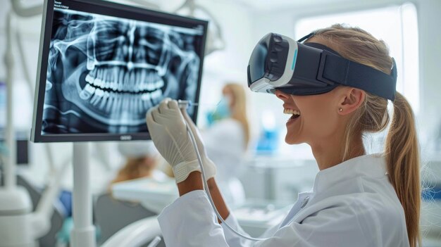 Photo dentist interacting patient use vr computer