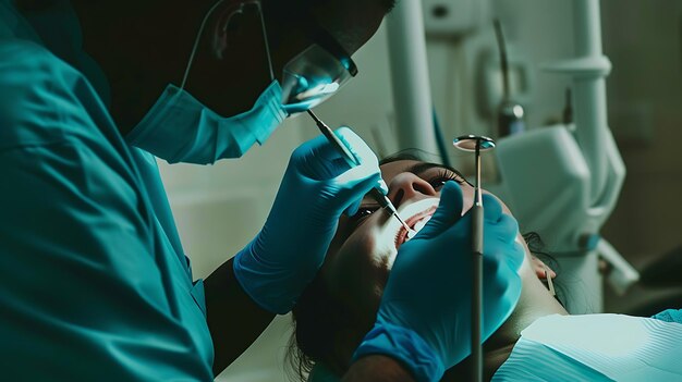 A dentist is examining a patients teeth The dentist is wearing a blue mask and gloves