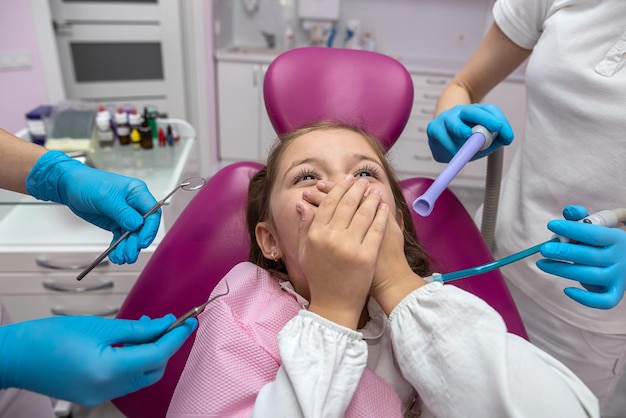 dentist is going to perform a dental examination of a frightened child in a dental clinic