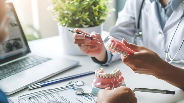 Photo a dentist is showing a patient a model of teeth the dentist is holding the model in her hand and is pointing to something on it with a dental tool