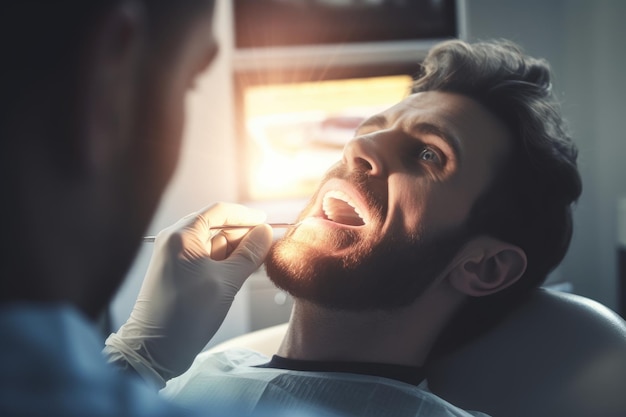 Photo dentist looking into patient mouth ai generated