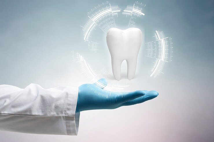 Photo the dentist looks at the hologram of the tooth. concept for innovative technologies,