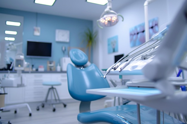 Foto ufficio del dentista e rifornimenti dentali nello stile di atmosfera sbiadita simile a un sogno generato da ai