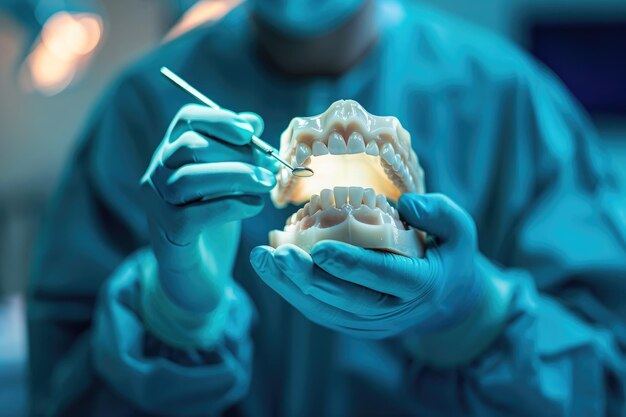 dentist practising on fake teeth model