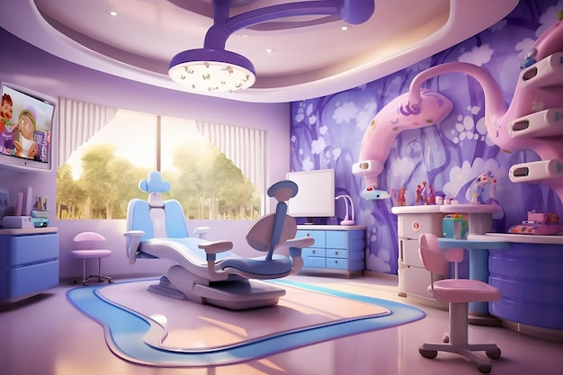 Dentist room with a pink and blue theme and a pink chair and a pink chair