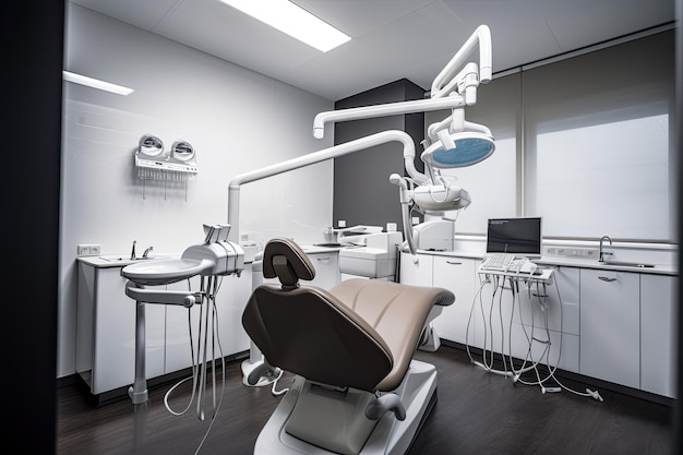 치과 의사가 보조 생성 IA를 사용하여 사무실에서 환자를 보고 있습니다.