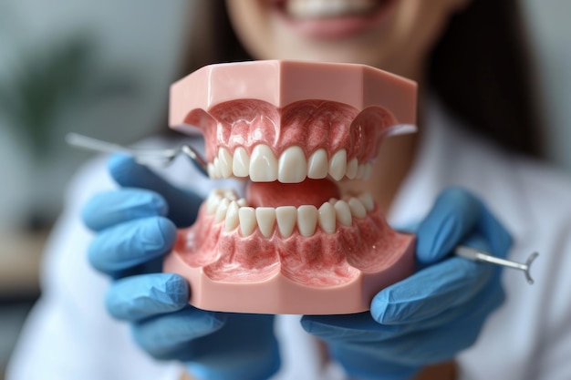 Dentist showing a dental model to a patient explaining oral health concepts